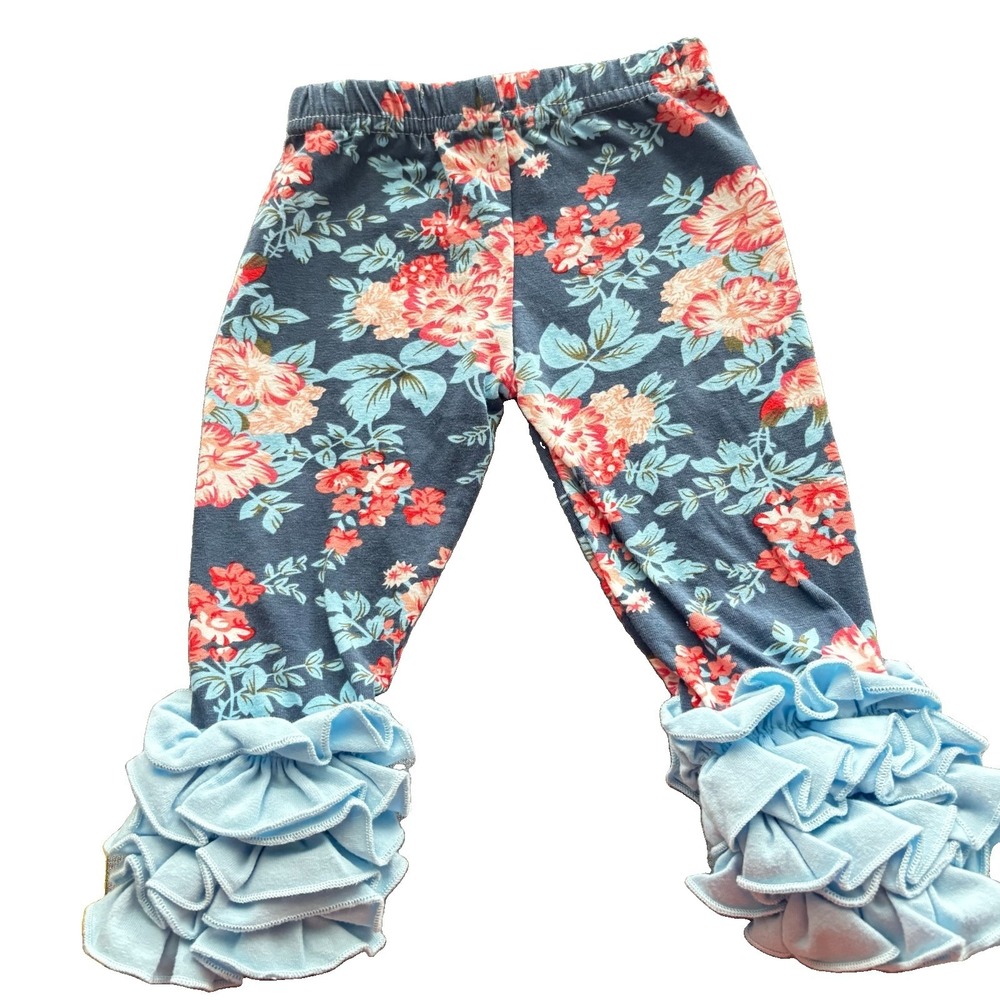 K Frances Darling Blue Floral Ruffled Leggings 6M Super Soft Pima Cotton